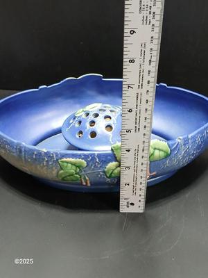 Roseville Pottery Frog with repaired Roseville Pottery Fuschia Blue Centerpiece Bowl