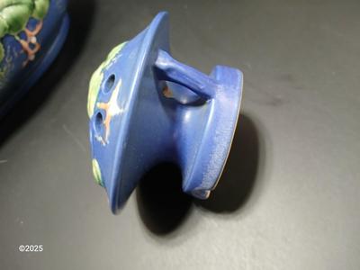 Roseville Pottery Frog with repaired Roseville Pottery Fuschia Blue Centerpiece Bowl