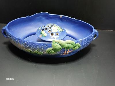 Roseville Pottery Frog with repaired Roseville Pottery Fuschia Blue Centerpiece Bowl