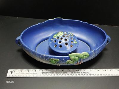 Roseville Pottery Frog with repaired Roseville Pottery Fuschia Blue Centerpiece Bowl