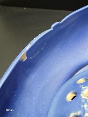 Roseville Pottery Frog with repaired Roseville Pottery Fuschia Blue Centerpiece Bowl