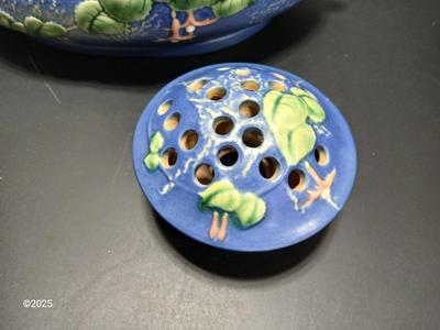 Roseville Pottery Frog with repaired Roseville Pottery Fuschia Blue Centerpiece Bowl