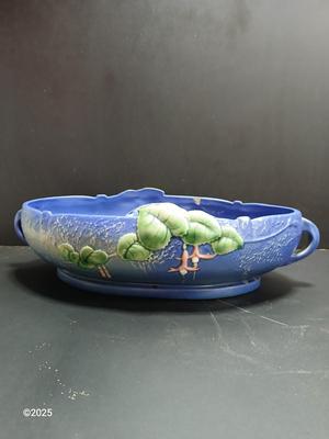 Roseville Pottery Frog with repaired Roseville Pottery Fuschia Blue Centerpiece Bowl