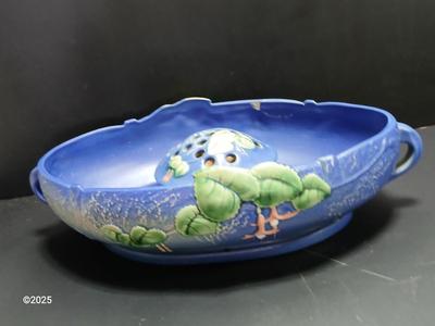 Roseville Pottery Frog with repaired Roseville Pottery Fuschia Blue Centerpiece Bowl