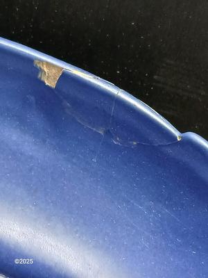 Roseville Pottery Frog with repaired Roseville Pottery Fuschia Blue Centerpiece Bowl