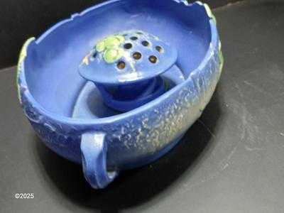 Roseville Pottery Frog with repaired Roseville Pottery Fuschia Blue Centerpiece Bowl