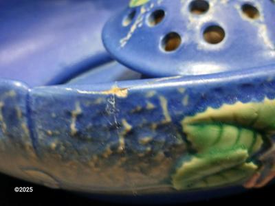 Roseville Pottery Frog with repaired Roseville Pottery Fuschia Blue Centerpiece Bowl