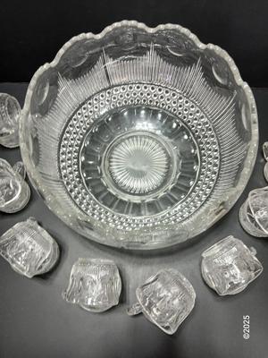 U.S. Glass MANHATTAN Punch Bowl Set & 12 Cups. Tiffin Franciscan with lidded candy dish