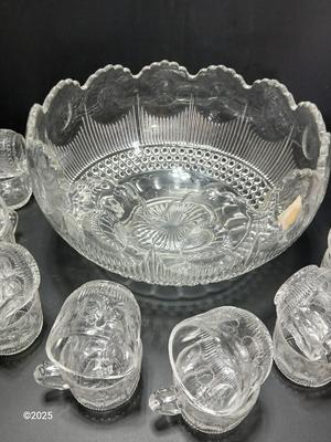 U.S. Glass MANHATTAN Punch Bowl Set & 12 Cups. Tiffin Franciscan with lidded candy dish