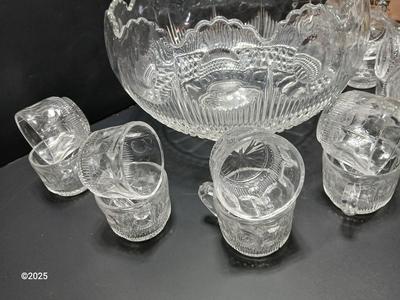 U.S. Glass MANHATTAN Punch Bowl Set & 12 Cups. Tiffin Franciscan with lidded candy dish