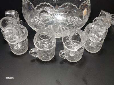 U.S. Glass MANHATTAN Punch Bowl Set & 12 Cups. Tiffin Franciscan with lidded candy dish