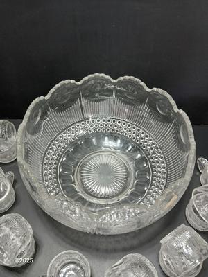 U.S. Glass MANHATTAN Punch Bowl Set & 12 Cups. Tiffin Franciscan with lidded candy dish
