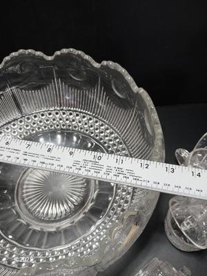U.S. Glass MANHATTAN Punch Bowl Set & 12 Cups. Tiffin Franciscan with lidded candy dish