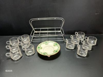 Vintage MCM Art Deco Chrome Metal Cocktail Drinking Glass Carrier with Hazel Atlas Orchard Crystal punch glasses and a Lenox dish