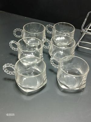 Vintage MCM Art Deco Chrome Metal Cocktail Drinking Glass Carrier with Hazel Atlas Orchard Crystal punch glasses and a Lenox dish