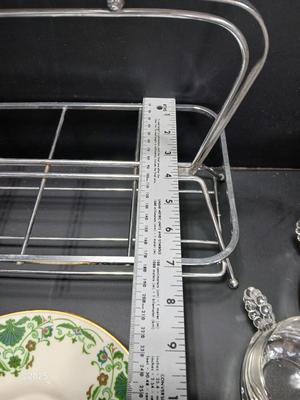 Vintage MCM Art Deco Chrome Metal Cocktail Drinking Glass Carrier with Hazel Atlas Orchard Crystal punch glasses and a Lenox dish