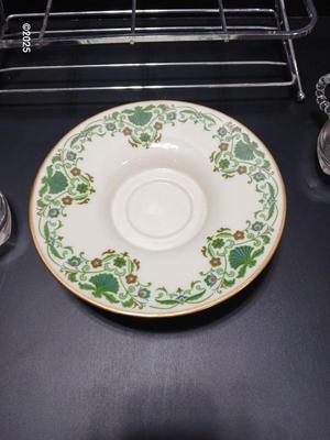 Vintage MCM Art Deco Chrome Metal Cocktail Drinking Glass Carrier with Hazel Atlas Orchard Crystal punch glasses and a Lenox dish