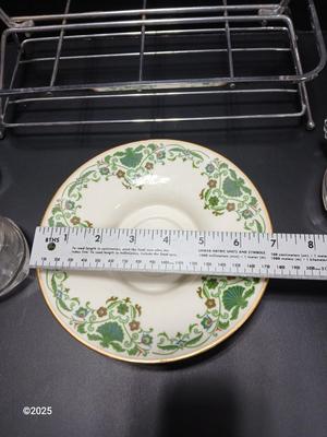 Vintage MCM Art Deco Chrome Metal Cocktail Drinking Glass Carrier with Hazel Atlas Orchard Crystal punch glasses and a Lenox dish