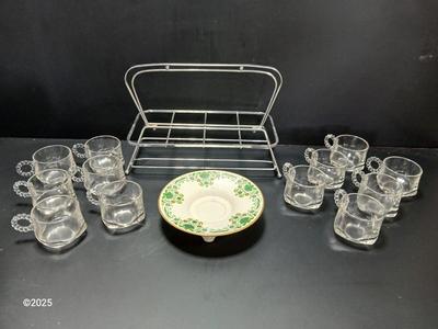Vintage MCM Art Deco Chrome Metal Cocktail Drinking Glass Carrier with Hazel Atlas Orchard Crystal punch glasses and a Lenox dish