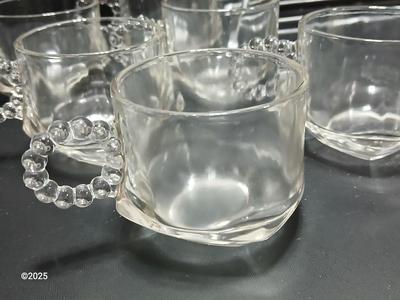 Vintage MCM Art Deco Chrome Metal Cocktail Drinking Glass Carrier with Hazel Atlas Orchard Crystal punch glasses and a Lenox dish