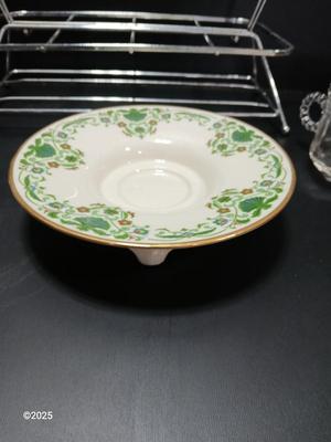 Vintage MCM Art Deco Chrome Metal Cocktail Drinking Glass Carrier with Hazel Atlas Orchard Crystal punch glasses and a Lenox dish