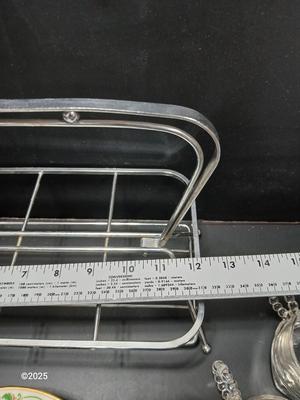 Vintage MCM Art Deco Chrome Metal Cocktail Drinking Glass Carrier with Hazel Atlas Orchard Crystal punch glasses and a Lenox dish