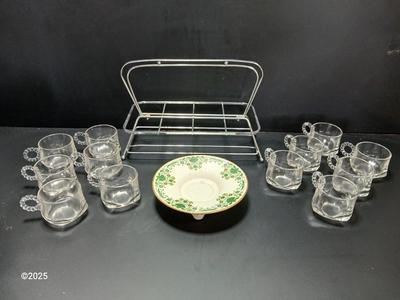 Vintage MCM Art Deco Chrome Metal Cocktail Drinking Glass Carrier with Hazel Atlas Orchard Crystal punch glasses and a Lenox dish