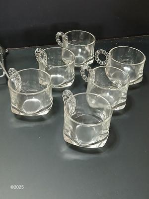 Vintage MCM Art Deco Chrome Metal Cocktail Drinking Glass Carrier with Hazel Atlas Orchard Crystal punch glasses and a Lenox dish
