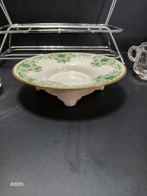 Vintage MCM Art Deco Chrome Metal Cocktail Drinking Glass Carrier with Hazel Atlas Orchard Crystal punch glasses and a Lenox dish