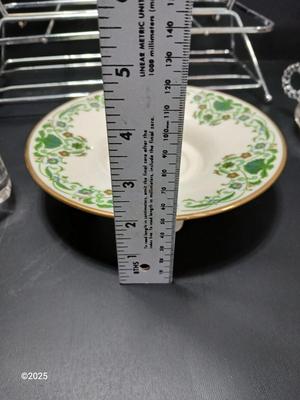 Vintage MCM Art Deco Chrome Metal Cocktail Drinking Glass Carrier with Hazel Atlas Orchard Crystal punch glasses and a Lenox dish