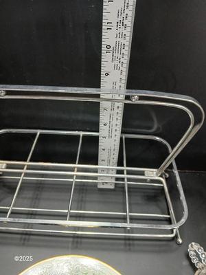 Vintage MCM Art Deco Chrome Metal Cocktail Drinking Glass Carrier with Hazel Atlas Orchard Crystal punch glasses and a Lenox dish