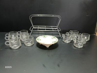 Vintage MCM Art Deco Chrome Metal Cocktail Drinking Glass Carrier with Hazel Atlas Orchard Crystal punch glasses and a Lenox dish