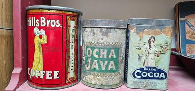3 vintage Tins. Hills Bros Coffee, Mocha Java, and Cocoa