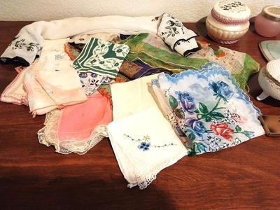 VINTAGE LADIES' HANKIES-PORCELAIN TRINKET BOX-HAND MIRROR AND PILL BOX