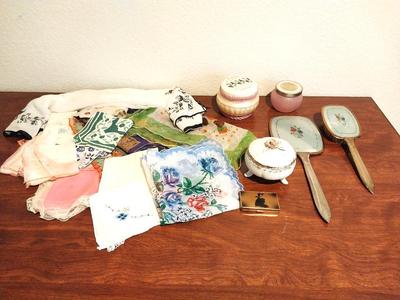 VINTAGE LADIES' HANKIES-PORCELAIN TRINKET BOX-HAND MIRROR AND PILL BOX