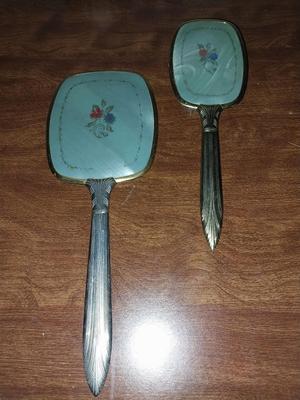 VINTAGE LADIES' HANKIES-PORCELAIN TRINKET BOX-HAND MIRROR AND PILL BOX