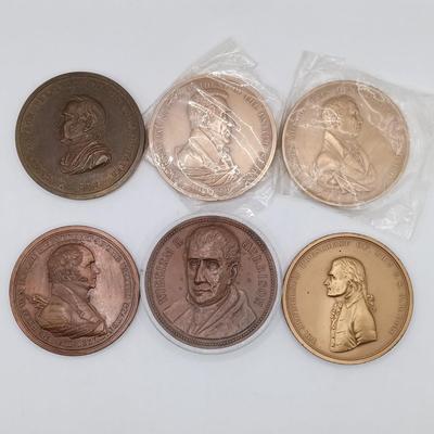LOT 195: Set of (6) Metal Medallions- Zachary Taylor Peace Medal, Van Buren Peace Medal & More