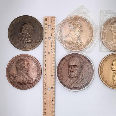 LOT 195: Set of (6) Metal Medallions- Zachary Taylor Peace Medal, Van Buren Peace Medal & More