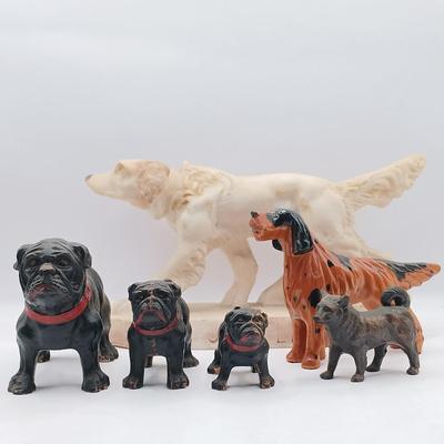 LOT 198: Vintage Resin Red Collar Bulldogs, Cast Metal Dog, White Stone Setter & Plastic Setter