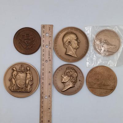 LOT 199: Set of (6) Metal Medallions- Rescue of the San Francisco, Commodore Perry, Cornelius Vanderbilt & More