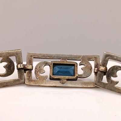 LOT 202: 17.6gtw Vintage Symmetalic Sterling and 14k Link Bracelet Sapphire Blue Glass Stones