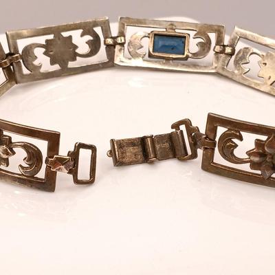 LOT 202: 17.6gtw Vintage Symmetalic Sterling and 14k Link Bracelet Sapphire Blue Glass Stones