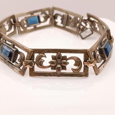 LOT 202: 17.6gtw Vintage Symmetalic Sterling and 14k Link Bracelet Sapphire Blue Glass Stones