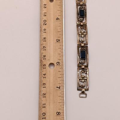 LOT 202: 17.6gtw Vintage Symmetalic Sterling and 14k Link Bracelet Sapphire Blue Glass Stones