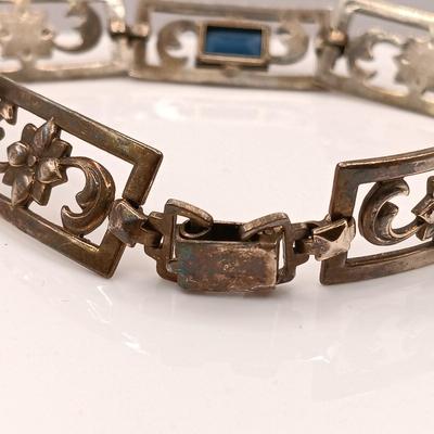 LOT 202: 17.6gtw Vintage Symmetalic Sterling and 14k Link Bracelet Sapphire Blue Glass Stones