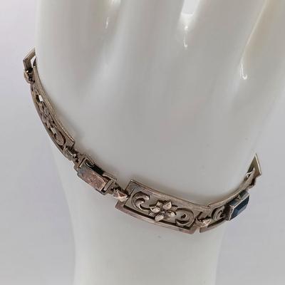 LOT 202: 17.6gtw Vintage Symmetalic Sterling and 14k Link Bracelet Sapphire Blue Glass Stones