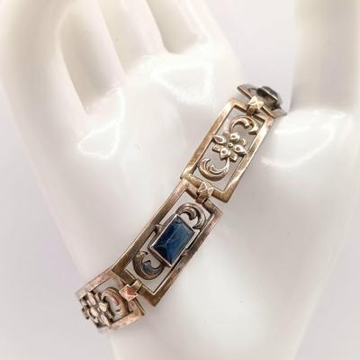 LOT 202: 17.6gtw Vintage Symmetalic Sterling and 14k Link Bracelet Sapphire Blue Glass Stones