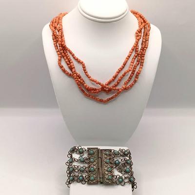 LOT 205: Antique Morrocan Silver-Plate Bracelet w/ Turquoise Beads and Vintage Handcrafted Multistrand Coral Beaded Necklace Sterling Clasp