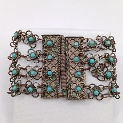 LOT 205: Antique Morrocan Silver-Plate Bracelet w/ Turquoise Beads and Vintage Handcrafted Multistrand Coral Beaded Necklace Sterling Clasp