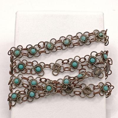 LOT 205: Antique Morrocan Silver-Plate Bracelet w/ Turquoise Beads and Vintage Handcrafted Multistrand Coral Beaded Necklace Sterling Clasp